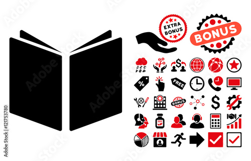 Open Book pictograph with bonus pictures. Vector illustration style is flat iconic bicolor symbols, intensive red and black colors, white background.