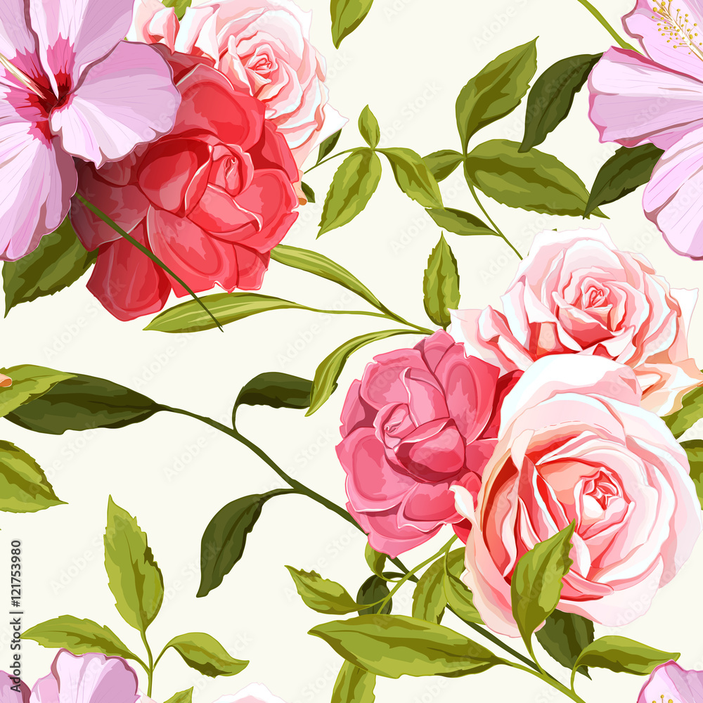 Bouquet of roses on white.Seamless background pattern. Vector - stock.