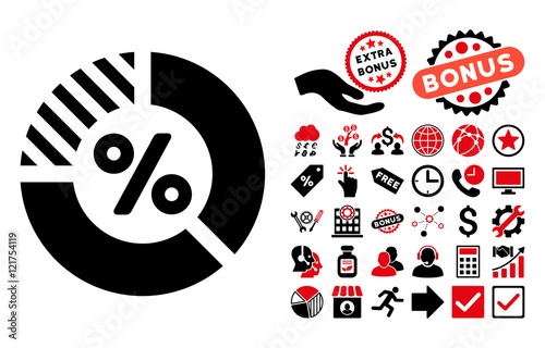 Percent pictograph with bonus pictograph collection. Vector illustration style is flat iconic bicolor symbols, intensive red and black colors, white background.