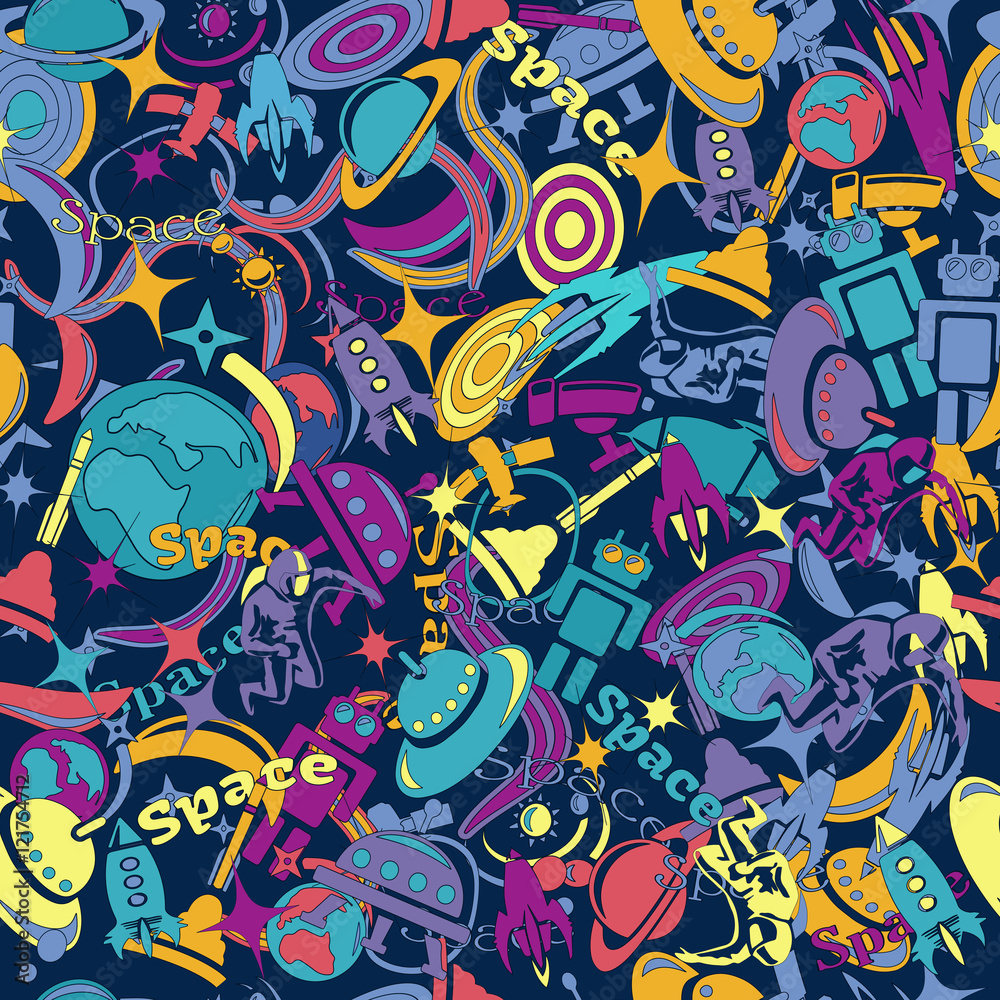  pattern hand-drawn doodles on the subject of space style theme seamless pattern. Vector background