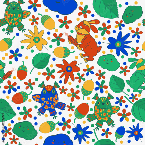 Vector pattern. Seamless texture, detailed owl, rabbit, acorn, leaf, cloud illustrations. pattern in doodle style