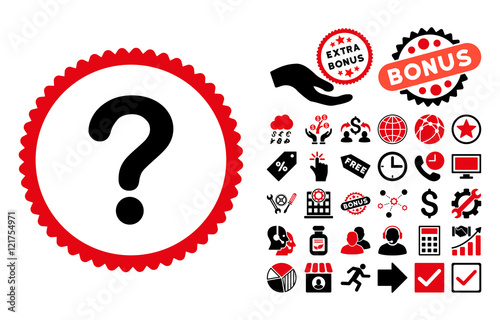 Question pictograph with bonus pictures. Vector illustration style is flat iconic bicolor symbols, intensive red and black colors, white background.