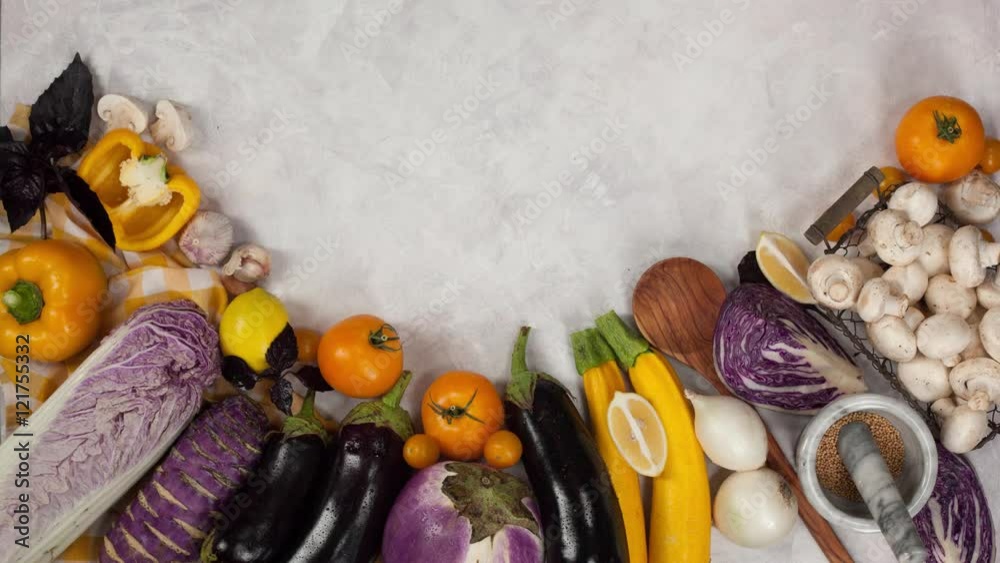 Fresh Vegetables on table top view with copyspace - stop motion animation and time-lapse intro 4k