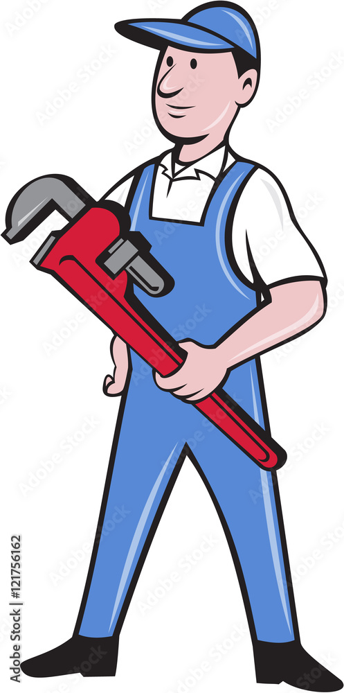 Handyman Pipe Wrench Standing Cartoon