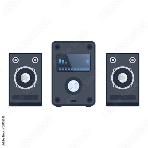 Home sound system. Home stereo flat vector music systems for music lovers. Loudspeakers player receiver subwoofer remote music systems for listening to music. Loudspeakers stereo equipment technology.