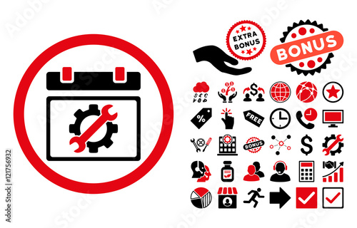 Service Day icon with bonus symbols. Vector illustration style is flat iconic bicolor symbols, intensive red and black colors, white background.