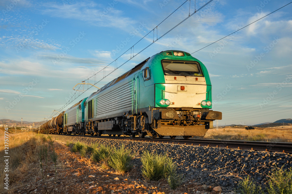 Fototapeta premium Tren de mercancías, ferrocarril, locomotora, España, Puertollano