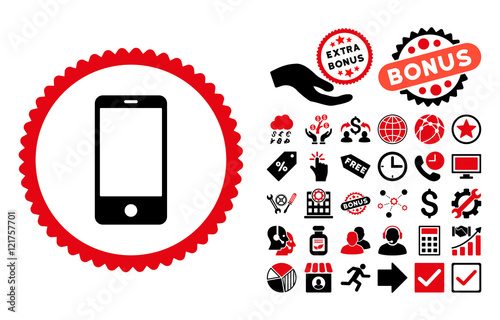 Smartphone pictograph with bonus icon set. Vector illustration style is flat iconic bicolor symbols, intensive red and black colors, white background.