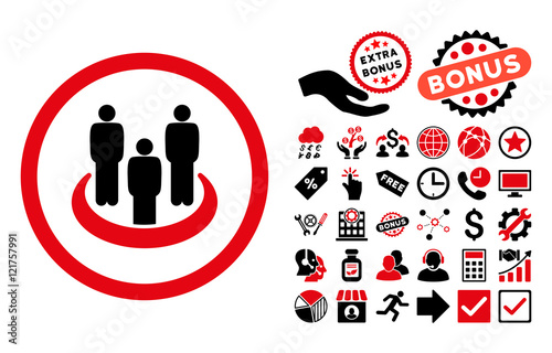 Social Group icon with bonus elements. Vector illustration style is flat iconic bicolor symbols, intensive red and black colors, white background.