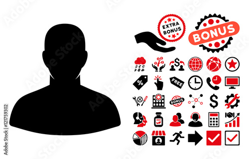 User icon with bonus pictogram. Vector illustration style is flat iconic bicolor symbols, intensive red and black colors, white background.