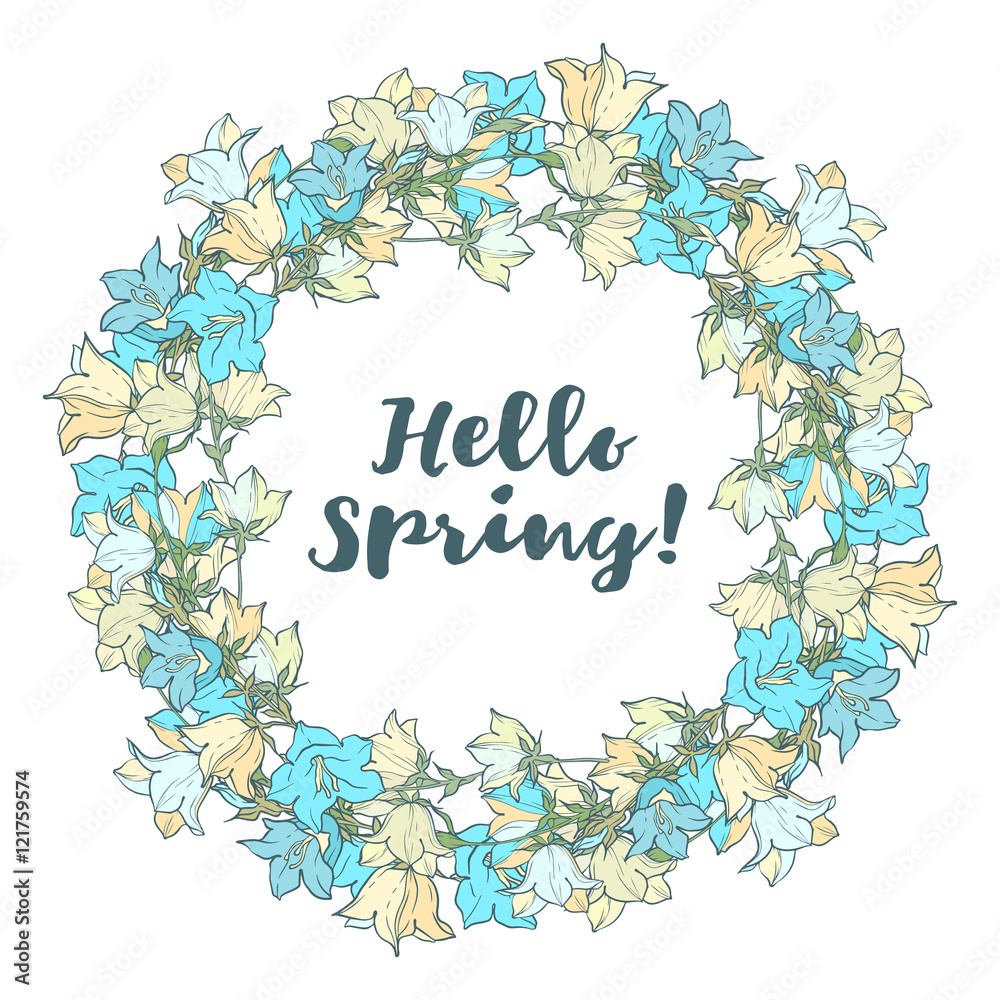 Fototapeta premium Circle pattern with bellflowers. Round kaleidoscope of flowers and floral elements.