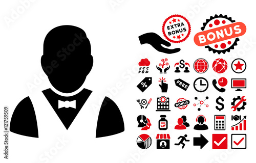 Waiter pictograph with bonus clip art. Vector illustration style is flat iconic bicolor symbols, intensive red and black colors, white background.