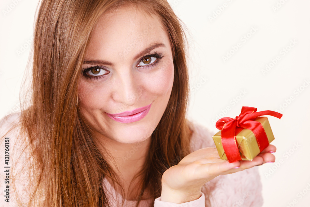 Lovely woman with golden box gift Lovely woman with golden box gift