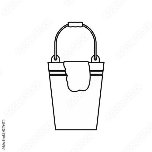 Bucket with a rag icon in outline style isolated on white background. Cleaning symbol vector illustration