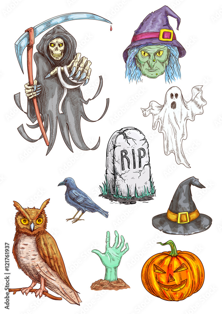 Fototapeta premium Halloween Part invitation card sketched elements