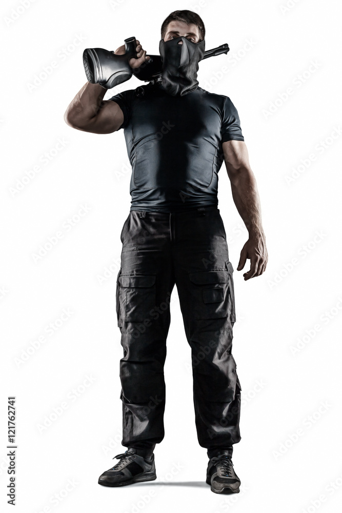 Soldier in mask with sniper rifle isolated Soldier in mask with sniper rifle isolated