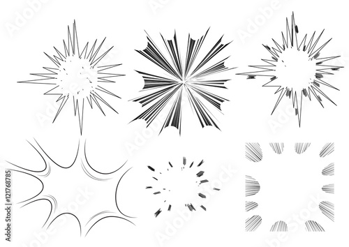 Six vector illustrated comic book style explosions on white background.