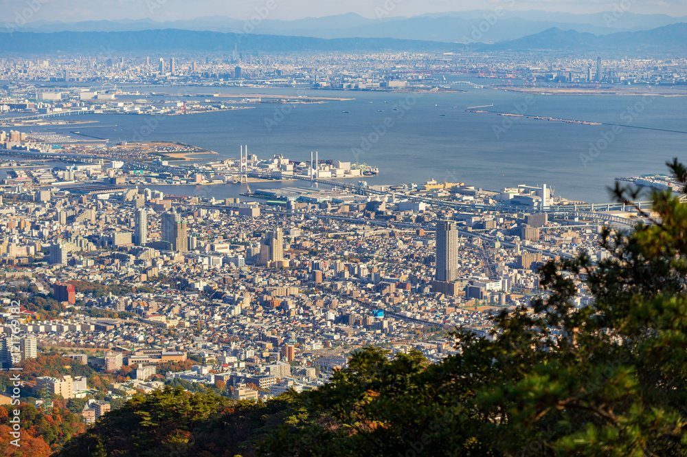View of several Japanese cities in the Kansai region from Mt. Maya. The view is designated a 