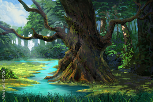 An Ancient Tree in the Forest by the Riverside. Video Game's Digital CG Artwo...