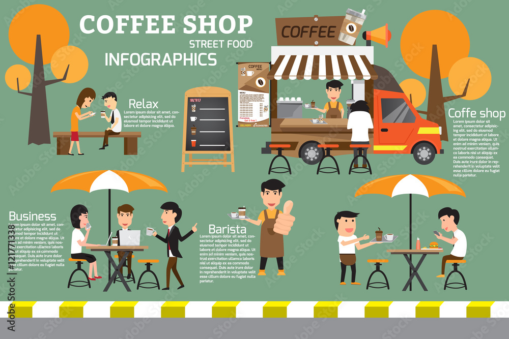 Fototapeta premium Coffee food truck on street infographics. people relax and rest