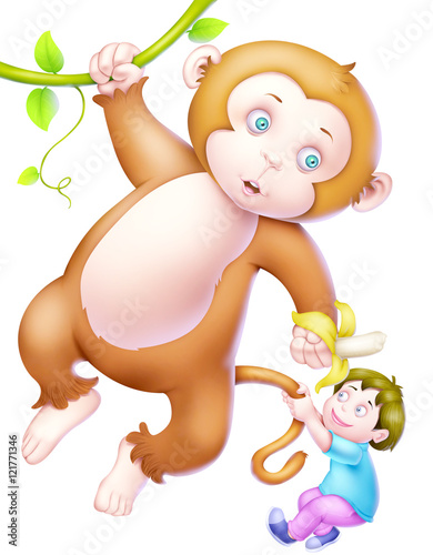 Monkey with banana near boy