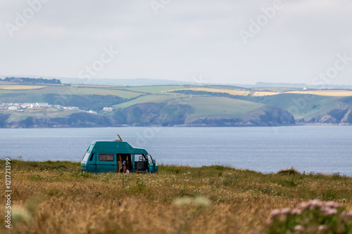 Campervan on Cornwall cliff top photo