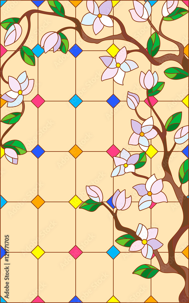 Fototapeta premium Illustration in stained glass style with abstract cherry blossoms on a beige background