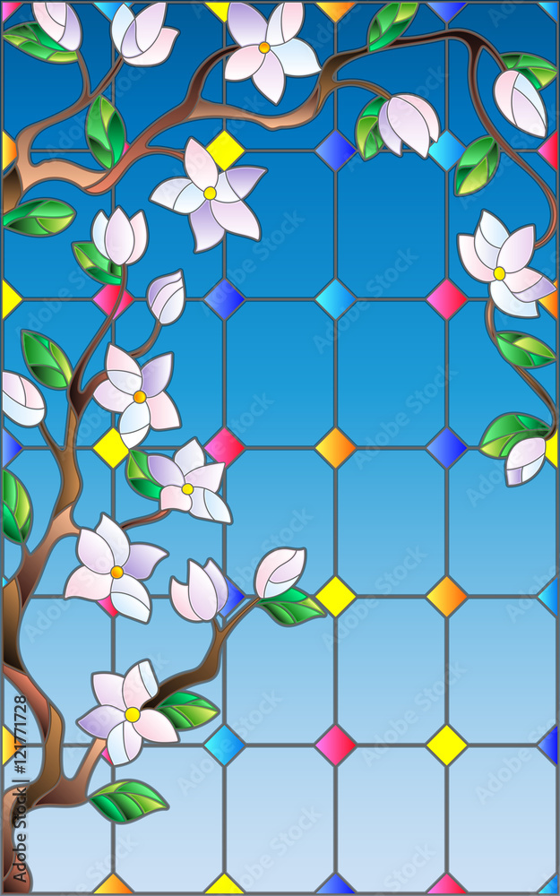 Fototapeta premium Illustration in stained glass style with abstract cherry blossoms against the sky