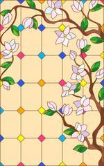 Illustration in stained glass style with abstract cherry blossoms on a beige background