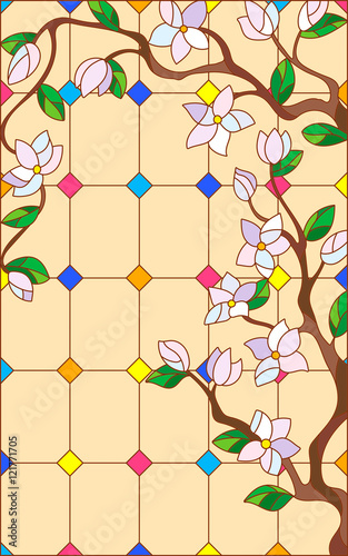 Illustration in stained glass style with abstract cherry blossoms on a beige background