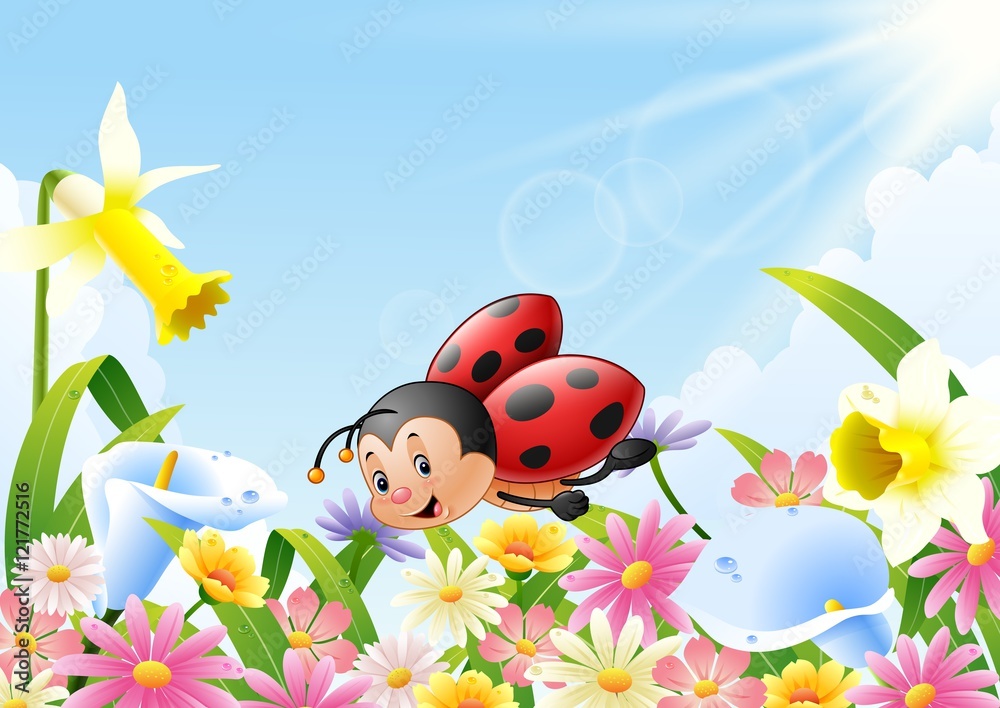 Fototapeta premium Cartoon funny ladybug flying over flower field