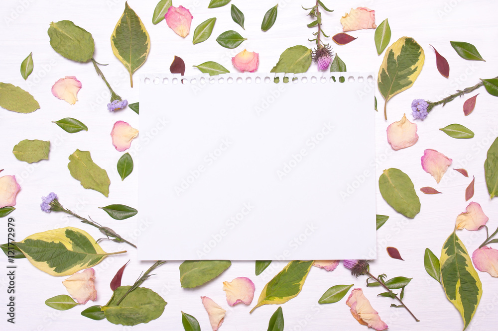 Fototapeta premium note in a frame of flowers, petals and green leaves