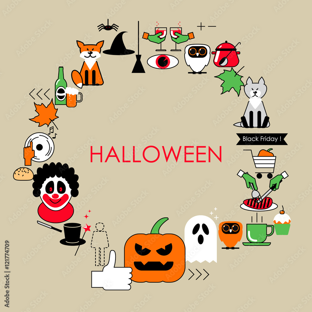 Fototapeta premium Halloween vector illustration of a flat line . Postcard set Halloween icons