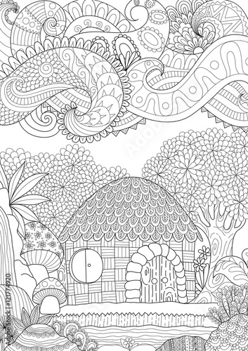 Zendoodle design of small hut in the forest with abstract clouds for adult coloring book for anti stress - Stock vector