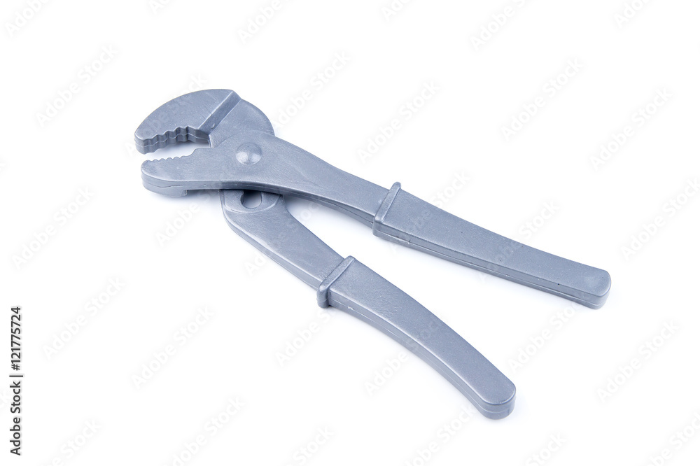 Children's toy tool plastic color wrench isolated on white backg Children's toy tool plastic color wrench isolated on white backg