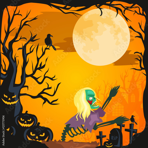 Halloween background. Horror forest with woods  spooky tree  pumpkins and cemetery.