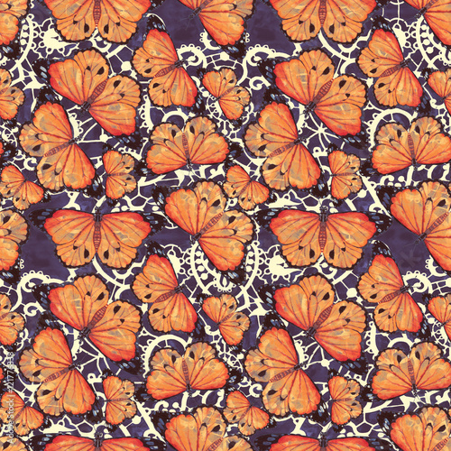 Hand-drawn watercolor seamless pattern with colorful orange tropical butterflies and lace ornament on the background. © anastasianio