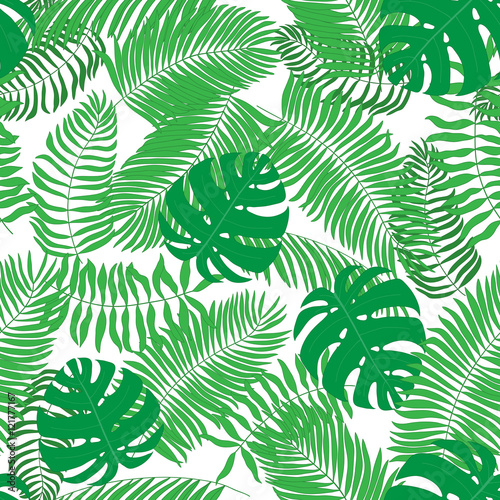 Seamless pattern with hand-drawn tropical leaves.