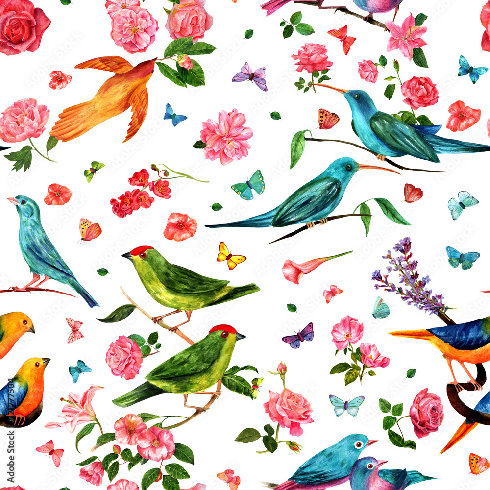 Seamless pattern with watercolor birds, flowers and butterflies