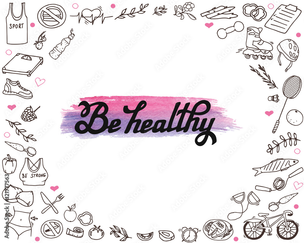 Hand-drawn lettering and healthy life doodles. Line art text and different objects isolated on the white background. Hand-drawn lettering and healthy life doodles. Line art text and different objects isolated on the white background.