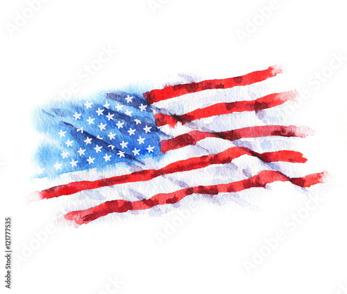 Hand-drawn watercolor flag of the USA, isolated on the white background