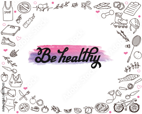 Hand-drawn lettering and healthy life doodles. Line art text and different objects isolated on the white background.