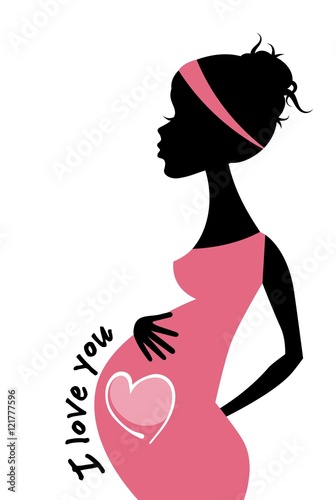 Silhouette of pregnant woman with heart and I love you text