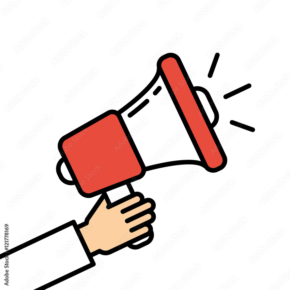 Hand holding red megaphone on white background. Concept of announcement, broadcasting or warning. Hand holding red megaphone on white background. Concept of announcement, broadcasting or warning.
