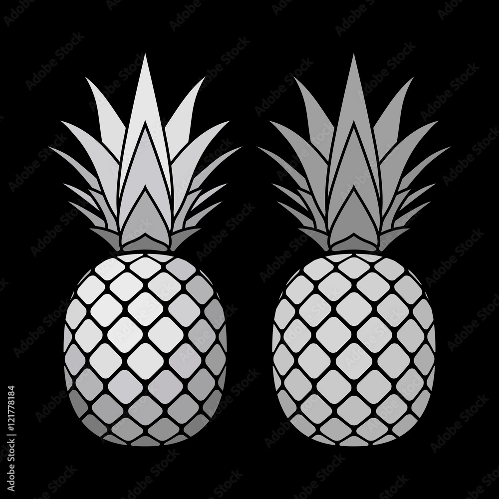 Pineapple silver icons set. Tropical fruits isolated on black background. Symbol of food, sweet, exotic and summer, vitamin, healthy. Nature logo. Flat concept. Design element Vector illustration Pineapple silver icons set. Tropical fruits isolated on black background. Symbol of food, sweet, exotic and summer, vitamin, healthy. Nature logo. Flat concept. Design element Vector illustration