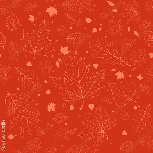 Outline autumn leaves. Orange seamless pattern with outline leaves silhouettes.