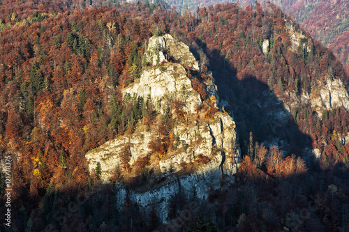 The rock in autumn forest by sunset in Harmanec, Slovakia photo