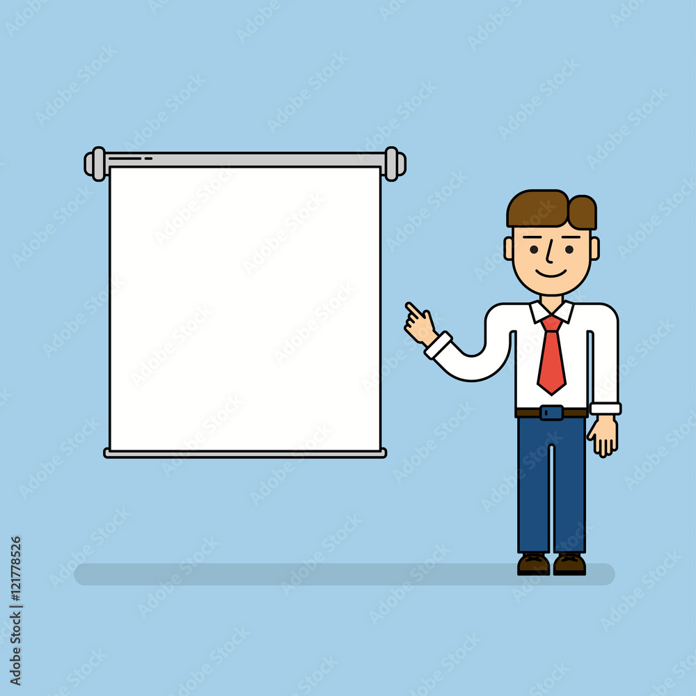 Businessman with white board on white background. Isolated cartoon smiling man standing pointing at the board. Concept of teacher, tutor and coach. Stock Vector | Adobe Stock Businessman with white board on white background. Isolated cartoon smiling man standing pointing at the board. Concept of teacher, tutor and coach. Stock Vector | Adobe Stock