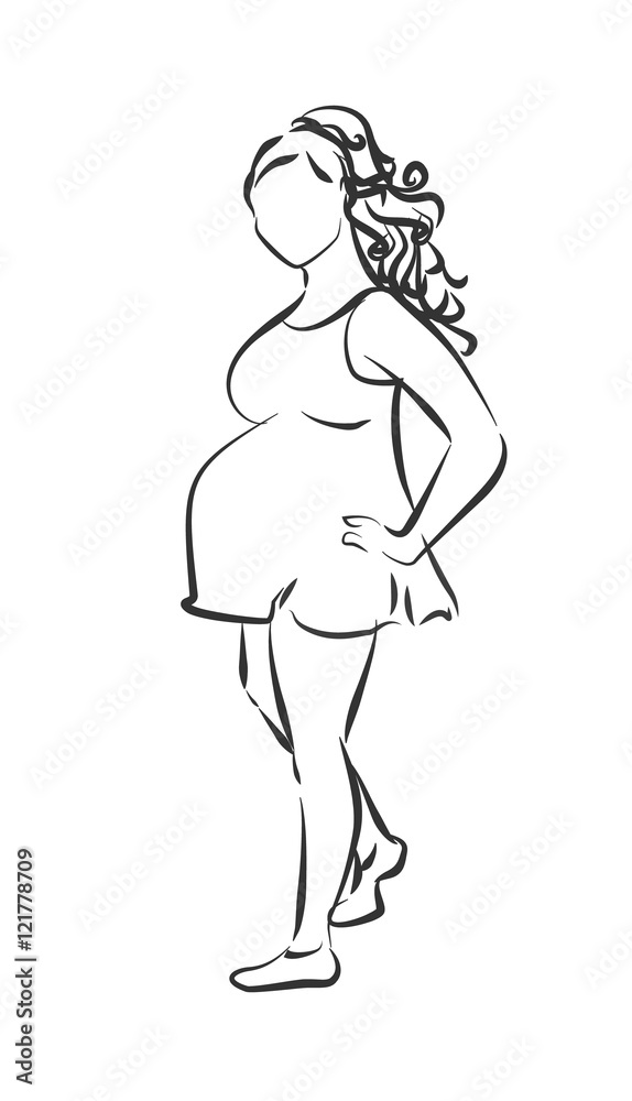 Isolated pregnant woman on white background. White silhouette of woman in green dress is awaiting for baby. Happy maternity.