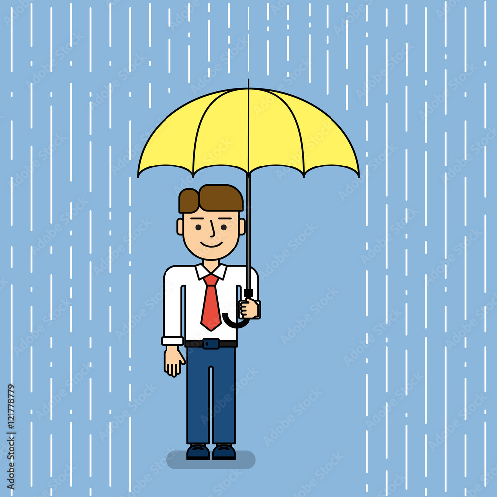 Man under umbrella. Funny cartoon businessman stands under umbrella when it  rains. Concept of security, protection and coverage. Stock Vector | Adobe  Stock